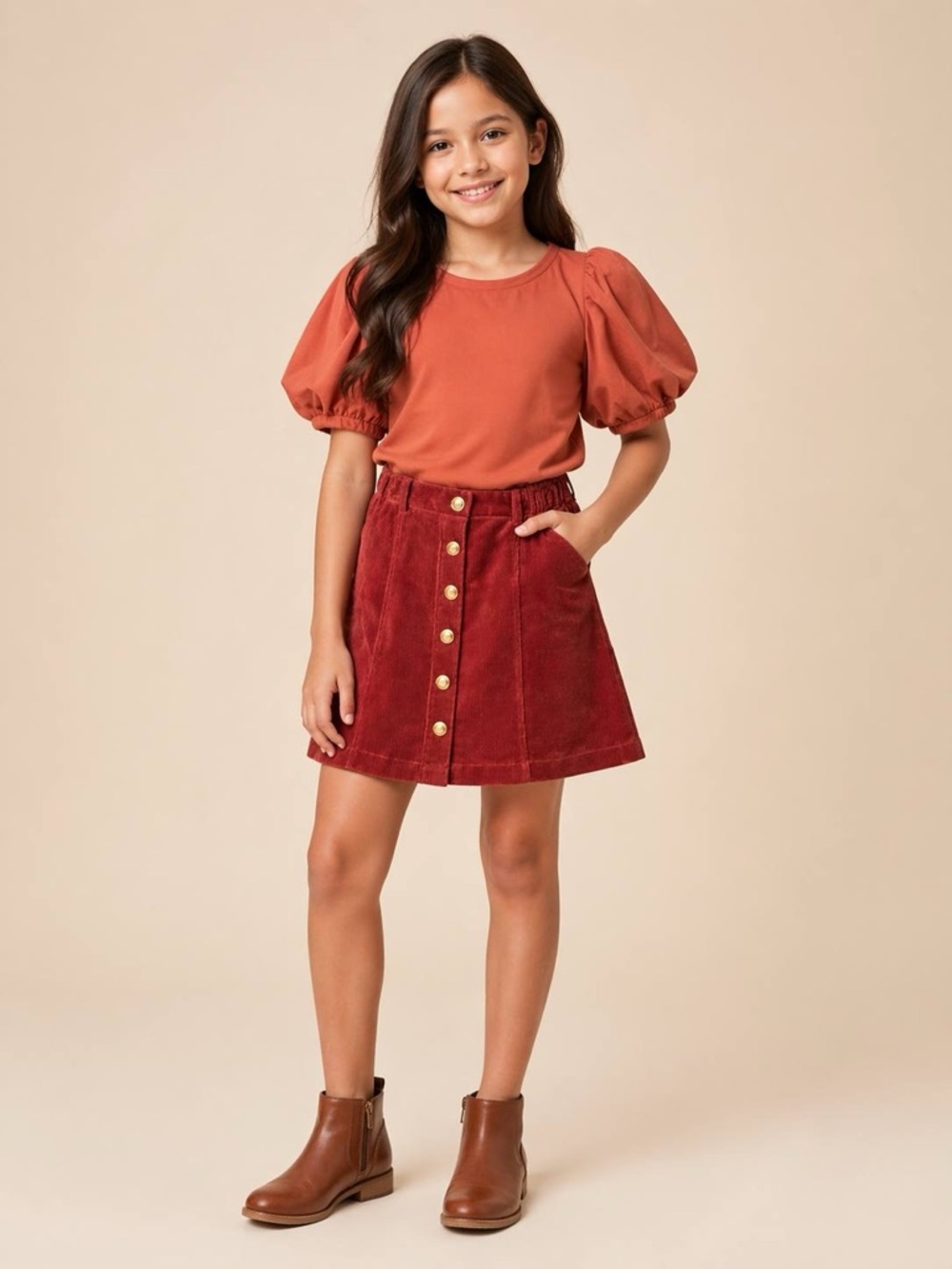 A Loves A Girls 2Pc Set Puff Sleeve Top Corduroy Skirt Rust Burgundy M 10-12Y